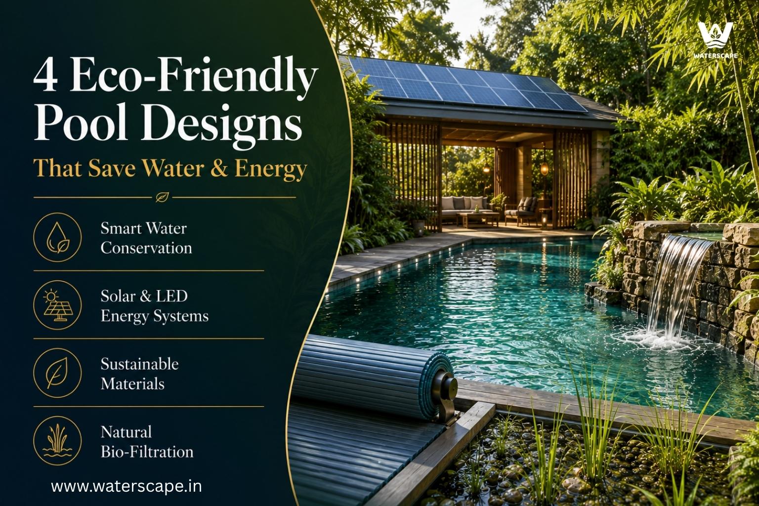 Eco-friendly luxury swimming pool with solar panels and natural waterfall feature