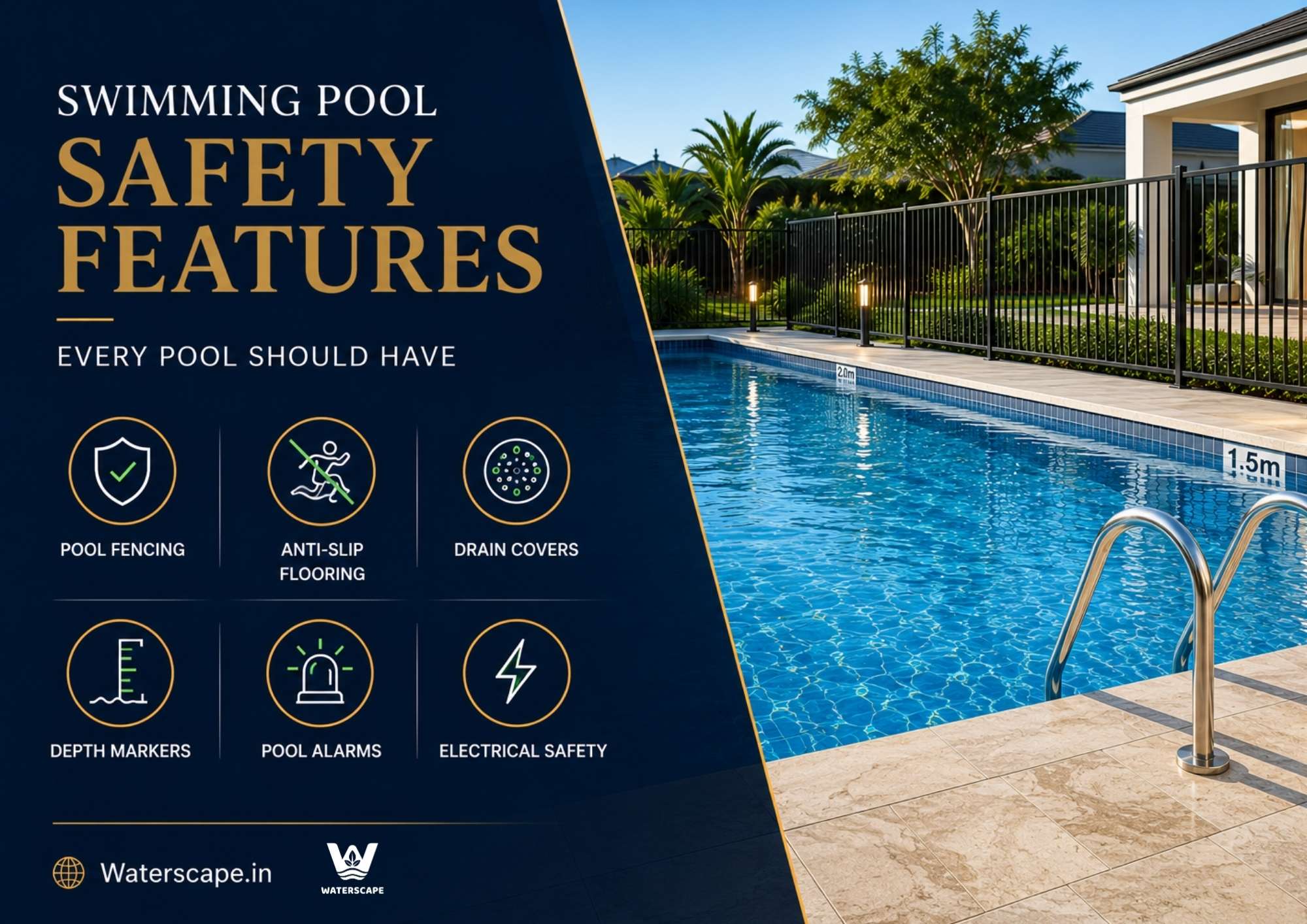 Swimming pool with safety fencing, anti-slip deck, and depth markers