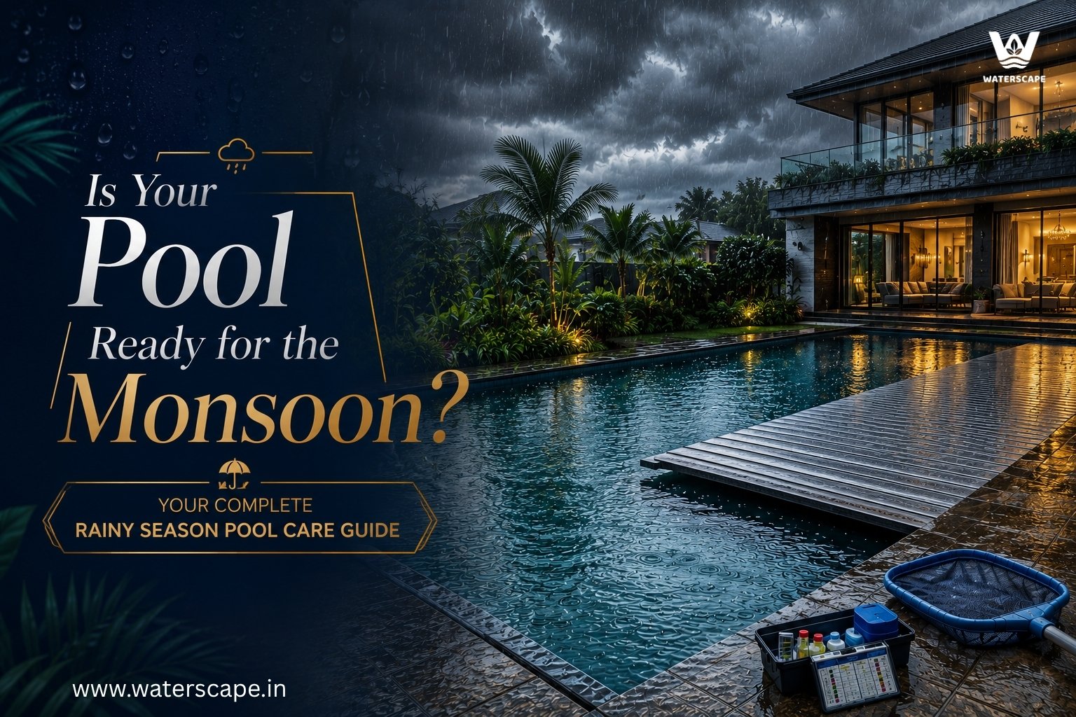 Swimming pool in monsoon rain with pool cover, skimmer net and water testing kit