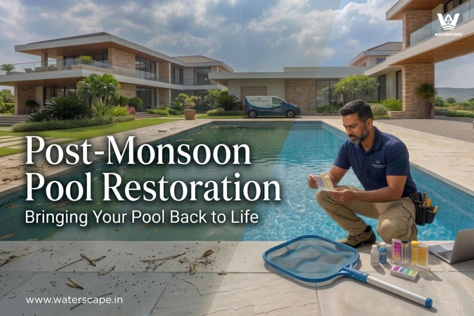 Before and after view of swimming pool restored from cloudy to crystal clear