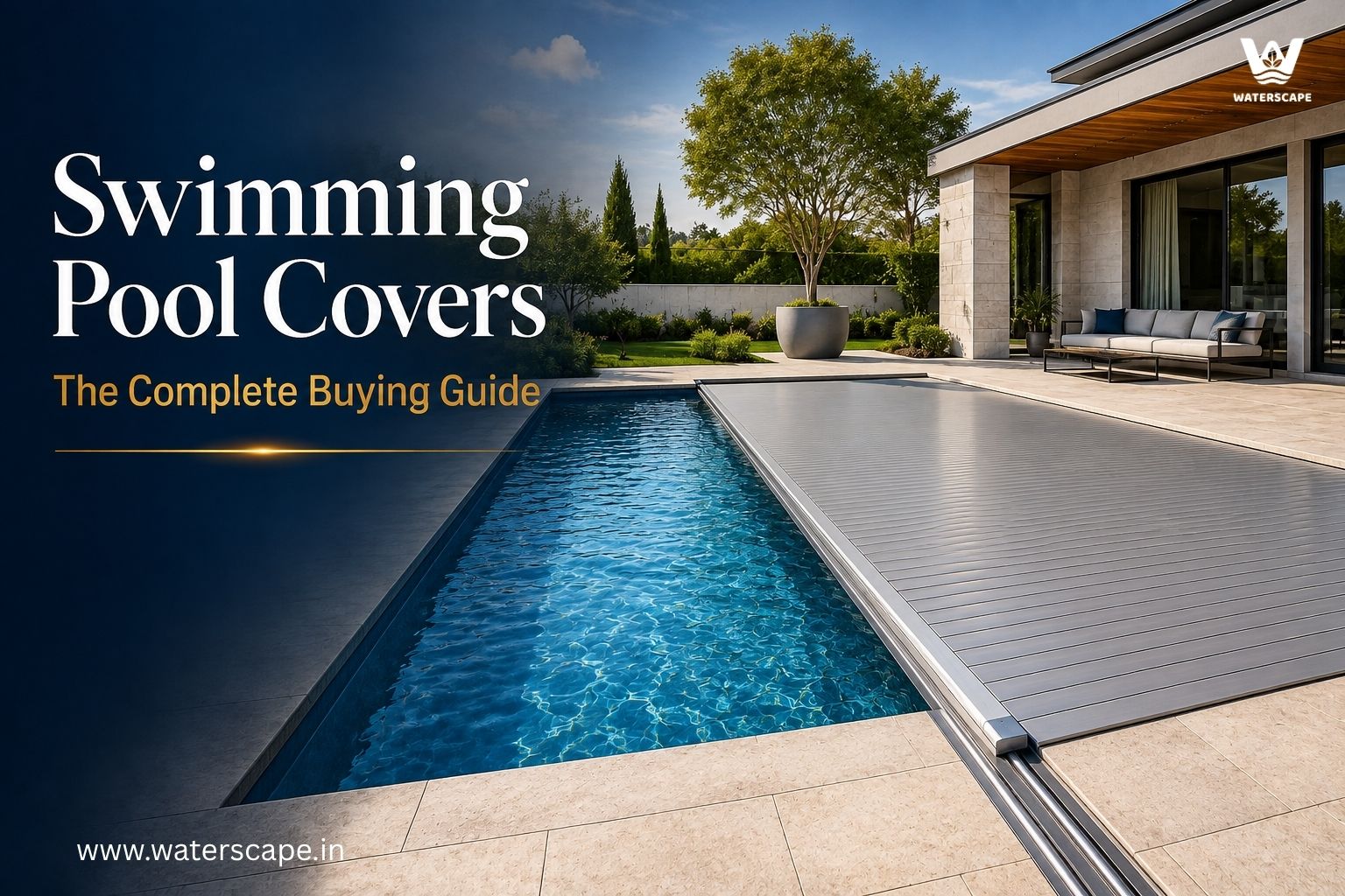 Automatic swimming pool cover extending across a luxury residential pool